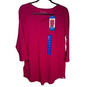 NWT Eddie Bauer Lattice Neck Modal Slub W Top L Soft Drape Minimalist 3/4 Sleeve
